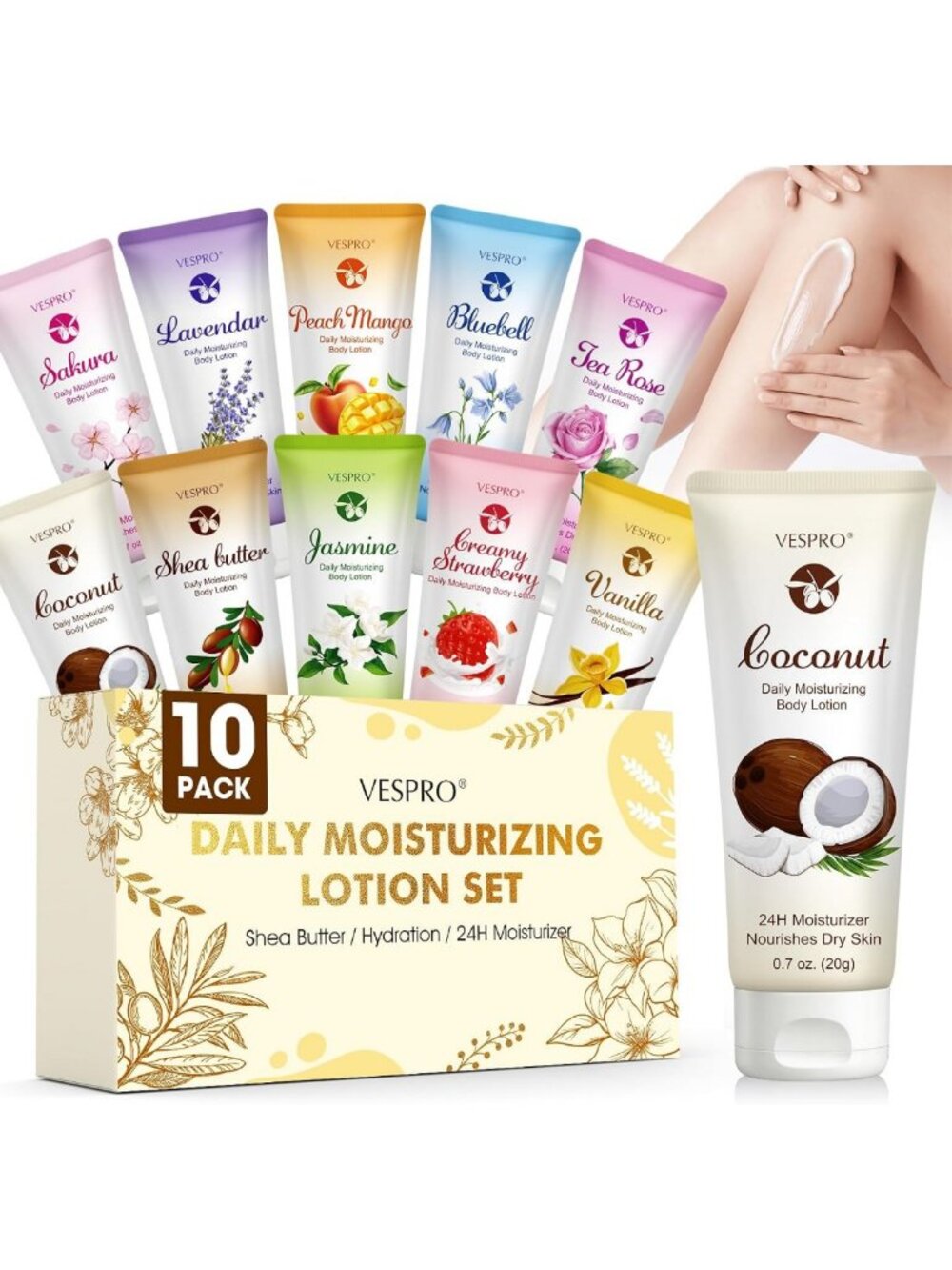 10-Pack Travel Size Moisture Lotion Set for Dry Skin, Hydrating Body & Hand